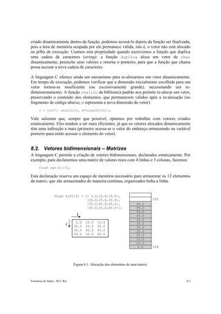 Estruturas de Dados –PUC-Rio 8-2
criado dinamicamente dentro da função, podemos acessá-lo depois da função ser finalizada,
pois a área de memória ocupada por ele permanece válida, isto é, o vetor não está alocado
na pilha de execução. Usamos esta propriedade quando escrevemos a função que duplica
uma cadeia de caracteres (string): a função duplica aloca um vetor de char
dinamicamente, preenche seus valores e retorna o ponteiro, para que a função que chama
possa acessar a nova cadeia de caracteres.
A linguagem C oferece ainda um mecanismo para re-alocarmos um vetor dinamicamente.
Em tempo de execução, podemos verificar que a dimensão inicialmente escolhida para um
vetor tornou-se insuficiente (ou excessivamente grande), necessitando um re-
dimensionamento. A função realloc da biblioteca padrão nos permite re-alocar um vetor,
preservando o conteúdo dos elementos, que permanecem válidos após a re-alocação (no
fragmento de código abaixo, m representa a nova dimensão do vetor).
v = (int*) realloc(v, m*sizeof(int));
Vale salientar que, sempre que possível, optamos por trabalhar com vetores criados
estaticamente. Eles tendem a ser mais eficientes, já que os vetores alocados dinamicamente
têm uma indireção a mais (primeiro acessa-se o valor do endereço armazenado na variável
ponteiro para então acessar o elemento do vetor).
8.2. Vetores bidimensionais – Matrizes
A linguagem C permite a criação de vetores bidimensionais, declarados estaticamente. Por
exemplo, para declararmos uma matriz de valores reais com 4 linhas e 3 colunas, fazemos:
float mat[4][3];
Esta declaração reserva um espaço de memória necessário para armazenar os 12 elementos
da matriz, que são armazenados de maneira contínua, organizados linha a linha.
Figura 8.1: Alocação dos elementos de uma matriz.
float m[4][3] = {{ 5.0,10.0,15.0},
{20.0,25.0,30.0},
{35.0,40.0,45.0},
{50.0,55.0,60.0}};
5.0 10.0 15.0
20.0 25.0 30.0
35.0 40.0 45.0
50.0 55.0 60.0
j
i
60.0
55.0
50.0
45.0
40.0
35.0
30.0
25.0
20.0
15.0
10.0
5.0 104
152
float m[4][3] = {{ 5.0,10.0,15.0},
{20.0,25.0,30.0},
{35.0,40.0,45.0},
{50.0,55.0,60.0}};
5.0 10.0 15.0
20.0 25.0 30.0
35.0 40.0 45.0
50.0 55.0 60.0
j
i
60.0
55.0
50.0
45.0
40.0
35.0
30.0
25.0
20.0
15.0
10.0
5.0 104
152
60.0
55.0
50.0
45.0
40.0
35.0
30.0
25.0
20.0
15.0
10.0
5.0 104
152
 
