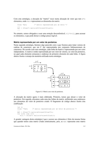Estruturas de Dados –PUC-Rio 8-5
Com esta estratégia, a alocação da “matriz” recai numa alocação de vetor que tem m*n
elementos, onde m e n representam as dimensões da matriz.
float *mat; /* matriz representada por um vetor */
...
mat = (float*) malloc(m*n*sizeof(float));
...
No entanto, somos obrigados a usar uma notação desconfortável, v[i*n+j], para acessar
os elementos, o que pode deixar o código pouco legível.
Matriz representada por um vetor de ponteiros
Nesta segunda estratégia, faremos algo parecido com o que fizemos para tratar vetores de
cadeias de caracteres, que em C são representados por conjuntos bidimensionais de
caracteres. De acordo com esta estratégia, cada linha da matriz é representada por um vetor
independente. A matriz é então representada por um vetor de vetores, ou vetor de ponteiros,
no qual cada elemento armazena o endereço do primeiro elemento de cada linha. A figura
abaixo ilustra o arranjo da memória utilizada nesta estratégia.
Figura 8.3: Matriz com vetor de ponteiros.
A alocação da matriz agora é mais elaborada. Primeiro, temos que alocar o vetor de
ponteiros. Em seguida, alocamos cada uma das linhas da matriz, atribuindo seus endereços
aos elementos do vetor de ponteiros criado. O fragmento de código abaixo ilustra esta
codificação:
int i;
float **mat; /* matriz representada por um vetor de ponteiros */
...
mat = (float**) malloc(m*sizeof(float*));
for (i=0; i<m; i++)
m[i] = (float*) malloc(n*sizeof(float));
A grande vantagem desta estratégia é que o acesso aos elementos é feito da mesma forma
que quando temos uma matriz criada estaticamente, pois, se mat representa uma matriz
a b c d
e f g h
I j k l
j=2
i=1
a b c d
e f g h
I j k l
j=2
i=1
a b c d
e f g h
I j k l
j=2
i=1
a b c d
e f g h
I j k l
j=2
i=1
 
