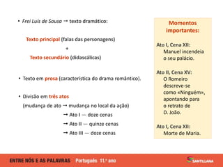 • Frei Luís de Sousa texto dramático:
Texto principal (falas das personagens)
+
Texto secundário (didascálicas)
• Texto em prosa (característica do drama romântico).
• Divisão em três atos
(mudança de ato mudança no local da ação)
Ato I — doze cenas
Ato II — quinze cenas
Ato III — doze cenas
Momentos
importantes:
Ato I, Cena XII:
Manuel incendeia
o seu palácio.
Ato II, Cena XV:
O Romeiro
descreve-se
como «Ninguém»,
apontando para
o retrato de
D. João.
Ato I, Cena XII:
Morte de Maria.
