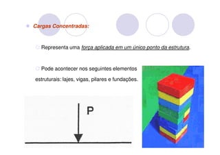 Cargas Concentradas:



  Representa uma força aplicada em um único ponto da estrutura.



  Pode acontecer nos seguintes elementos

estruturais: lajes, vigas, pilares e fundações.
 