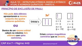 AULA: 10 – ESTRUTURA ATÔMICA: MODELO ATÔMICO
ATUAL E NÚMEROS QUÂNTICOS – PARTE III.
@exatascomoprof
PRINCÍPIO DE EXCLUSÃO DE PAULI:
3s2
Orbital s
Dentro de um mesmo orbital
cabem no máximo dois
elétrons com spins
contrários.
ou
Não pode dois elétrons
apresentarem o mesmo
conjunto dos quatro
números quânticos. n =
l =
m =
S =
3
0
0
-1/2
n =
l =
m =
S =
3
0
0
+1/2
Criam campos magnéticos
contrários que os atraem.
CAP: 6 e 7 – Página: 443
 