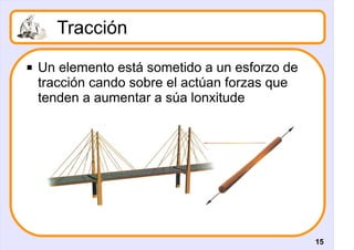 Tracción
   Un elemento está sometido a un esforzo de
    tracción cando sobre el actúan forzas que
    tenden a aumentar a súa lonxitude




                                                15
 
