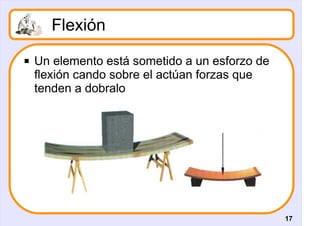 Flexión
   Un elemento está sometido a un esforzo de
    flexión cando sobre el actúan forzas que
    tenden a dobralo




                                                17
 