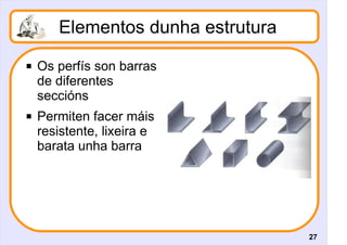 Elementos dunha estrutura
   Os perfís son barras
    de diferentes
    seccións
   Permiten facer máis
    resistente, lixeira e
    barata unha barra




                                   27
 