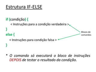 Estrutura IF-ELSE
if (condição) {
< Instruções para a condição verdadeira >
}
else {
< Instruções para condição falsa >
}
* O comando só executará o bloco de instruções
DEPOIS de testar o resultado da condição.
Blocos de
comandos
 