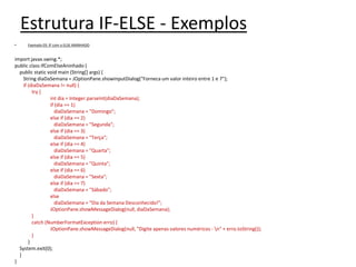 Estrutura IF-ELSE - Exemplos
• Exemplo 03: IF com o ELSE ANINHADO
import javax.swing.*;
public class IfComElseAninhado {
public static void main (String[] args) {
String diaDaSemana = JOptionPane.showInputDialog("Forneca um valor inteiro entre 1 e 7");
if (diaDaSemana != null) {
try {
int dia = Integer.parseInt(diaDaSemana);
if (dia == 1)
diaDaSemana = "Domingo";
else if (dia == 2)
diaDaSemana = "Segunda";
else if (dia == 3)
diaDaSemana = "Terça";
else if (dia == 4)
diaDaSemana = "Quarta";
else if (dia == 5)
diaDaSemana = "Quinta";
else if (dia == 6)
diaDaSemana = "Sexta";
else if (dia == 7)
diaDaSemana = "Sábado";
else
diaDaSemana = "Dia da Semana Desconhecido!";
JOptionPane.showMessageDialog(null, diaDaSemana);
}
catch (NumberFormatException erro) {
JOptionPane.showMessageDialog(null, "Digite apenas valores numéricos - n" + erro.toString());
}
}
System.exit(0);
}
}
 