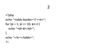 2
<?php
echo "<table border='1'><tr>";
for ($i = 1; $i <= 10; $i++) {
echo "<td>$i</td>";
}
echo "</tr></table>";
?>
 
