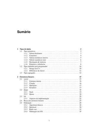 Sumário
1 Tipos de dados 2
1.1 Tipos primitivos . . . . . . . . . . . . . . . . . . . . . . . . . . . . . . . . . 2
1.1.1 Valores booleanos . . . . . . . . . . . . . . . . . . . . . . . . . . . 3
1.1.2 Caracteres . . . . . . . . . . . . . . . . . . . . . . . . . . . . . . . . 4
1.1.3 Valores numéricos inteiros . . . . . . . . . . . . . . . . . . . . . . . 5
1.1.4 Valores numéricos reais . . . . . . . . . . . . . . . . . . . . . . . . 6
1.1.5 Declaração de variáveis . . . . . . . . . . . . . . . . . . . . . . . . 7
1.1.6 Ponteiros e referências . . . . . . . . . . . . . . . . . . . . . . . . . 8
1.2 Tipos deﬁnidos pelo programador . . . . . . . . . . . . . . . . . . . . . . . 10
1.2.1 Strings em C++ . . . . . . . . . . . . . . . . . . . . . . . . . . . . . 10
1.2.2 Bibliotecas de classes . . . . . . . . . . . . . . . . . . . . . . . . . . 11
1.3 Tipos agregados . . . . . . . . . . . . . . . . . . . . . . . . . . . . . . . . . 12
2 Estruturas lineares 15
2.1 vector . . . . . . . . . . . . . . . . . . . . . . . . . . . . . . . . . . . . . . 15
2.1.1 Estrutura interna . . . . . . . . . . . . . . . . . . . . . . . . . . . . 16
2.1.2 Criação . . . . . . . . . . . . . . . . . . . . . . . . . . . . . . . . . 16
2.1.3 Operações . . . . . . . . . . . . . . . . . . . . . . . . . . . . . . . . 17
2.1.4 Iteradores . . . . . . . . . . . . . . . . . . . . . . . . . . . . . . . . 17
2.2 deque . . . . . . . . . . . . . . . . . . . . . . . . . . . . . . . . . . . . . . 18
2.2.1 Stack . . . . . . . . . . . . . . . . . . . . . . . . . . . . . . . . . . 19
2.2.2 Queue . . . . . . . . . . . . . . . . . . . . . . . . . . . . . . . . . . 20
2.3 list . . . . . . . . . . . . . . . . . . . . . . . . . . . . . . . . . . . . . . . . 20
2.3.1 Aspectos de implementação . . . . . . . . . . . . . . . . . . . . . . 22
2.4 Busca em estruturas lineares . . . . . . . . . . . . . . . . . . . . . . . . . . 25
2.5 Ordenação . . . . . . . . . . . . . . . . . . . . . . . . . . . . . . . . . . . . 28
2.5.1 Algoritmos básicos . . . . . . . . . . . . . . . . . . . . . . . . . . . 28
2.5.2 Quicksort . . . . . . . . . . . . . . . . . . . . . . . . . . . . . . . . 30
2.5.3 Radix sort . . . . . . . . . . . . . . . . . . . . . . . . . . . . . . . . 32
2.5.4 Ordenação em STL . . . . . . . . . . . . . . . . . . . . . . . . . . . 35
i
 