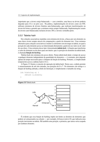 3.3. Aspectos de implementação 43
importante que a árvore esteja balanceada — caso contrário, uma busca na árvore poderia
degradar para O(n) no pior caso. Na prática, implementações de árvores como em STL
utilizam estruturas de árvores binárias auto-balanceadas, que realizam transformações na
árvore de forma a garantir que a estrutura esteja sempre balanceada. Implementações usuais
de árvores auto-balanceadas incluem árvores AVL e árvores vermelho-preto.
3.3.2 Tabelas hash
Em coleções associativas mantidas com estrutura de árvore, a busca por um elemento ou
uma chave ocorre sempre através de comparações a partir do elemento raiz. Uma estrutura
alternativa para coleções associativas é manter os elementos em um mapa ou tabela, no qual a
posição de cada elemento possa ser determinada diretamente a partir de seu valor ou do valor
de sua chave. Uma estrutura desse tipo é denominada tabela hash. A função que transforma
o valor do elemento ou da chave para um inteiro, que é a posição do elemento na tabela hash,
é chamada função de hashing.
Tabelas hash são estruturas de acesso direto. Numa tabela hash ideal, o tempo de acesso
a qualquer elemento independente da quantidade de elementos — é constante, pois depende
apenas do tempo necessário para o cômputo da função de hashing. Portanto, a complexidade
temporal de acesso a tabelas hash é O(1).
A Figura 3.5 ilustra o conceito de operação da tabela hash. Neste caso, a tabela permite
o armazenamento de até oito entradas, nas posições de 0 a 7. Os elementos são strings e a
função de hashing adotada, a título de ilustração, é simplesmente o tamanho da string:
int h(string s) {
return s.size();
}
Figura 3.5 Tabela hash
É evidente que essa função de hashing impõe um limite ao domínio de elementos que
podem ser armazenados na coleção — por exemplo, h(Gumercindo)=10, que indicaria uma
posição inexistente na tabela. Há também uma posição, a primeira, que nunca seria ocupada
por nenhum elemento.
 