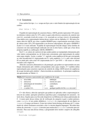 1.1. Tipos primitivos 4
1.1.2 Caracteres
Uma variável do tipo char ocupa um byte com o valor binário da representação de um
caráter:
char letra = ’A’;
O padrão de representação de caracteres básico, ASCII, permite representar 128 caracte-
res distintos (valores entre 0 e 127), entre os quais estão diversos caracteres de controle (tais
com ESC, associado à tecla de escape, e CR, associado ao carriage return) e de pontuação.
Uma tabela com a representação interna desses valores está no Apêndice 4.1. Há outros for-
matos além de ASCII, tais como o padrão ISO8859 para a representação associada à faixa
de valores entre 128 e 255 organizando-a em diversos subconjuntos, dos quais o ISO8859-1
(Latin-1) é o mais utilizado. O padrão de representação Unicode integra várias famílias de
caracteres em uma representação uniﬁcada (em um ou dois bytes), sendo que a base dessa
proposta engloba as codiﬁcações ASCII e ISO8859-1.
Em C++, os valores de variáveis do tipo caráter podem ser manipulados diretamente pelo
valor inteiro correspondente ou, de forma mais conveniente, pela representação do caráter
entre aspas simples. Assim, o caráter ’A’ equivale a uma seqüência de bits que corresponde
ao valor hexadecimal 41 (representada em C++ pela seqüência 0x41), pelo valor decimal
65 ou ainda pelo valor octal 101 (representada em C++ por 0101 — são octais os valores
iniciados com o dígito 0).
Além dos caracteres alfanuméricos e de pontuação, que podem ser representados em uma
função diretamente pelo símbolo correspondente entre aspas simples, C++ também deﬁne
representações para caracteres especiais de controle do código ASCII através de seqüências
de escape iniciados pelo símbolo  (barra invertida ou contrabarra). As principais seqüências
são apresentadas na Tabela 1.1.
Tabela 1.1 Caracteres representados por seqüências de escape.
n nova linha t tabulação
b retrocesso r retorno de carro
f alimentação de formulário  contrabarra
’ apóstrofo " aspas
0 o caráter NUL xxx qualquer padrão de bits xxx em octal
C++ não oferece, além das operações que podem ser aplicadas sobre a representação in-
teira de um caráter, operações primitivas especíﬁcas para a manipulação de caracteres. Ao
invés disso, funções para esse ﬁm estão disponíveis na biblioteca de rotinas padronizadas de
C. A maior parte dessas rotinas são de veriﬁcação da categoria à qual o caráter pertence,
como isalpha (é um caráter alfabético), isdigit (é a representação de um dígito) ou
isspace (é espaço em branco). Como tais rotinas fazem herança da herança de C, o trata-
mento de valores booleanos associado a elas é a mesma daquela linguagem. Há ainda duas
rotinas de conversão, toupper (converter para maiúscula) e tolower (converter para mi-
núscula). Para usar uma dessas rotinas, o programador deve incluir o arquivo de cabeçalho
cctype:
#include <cctype>
 