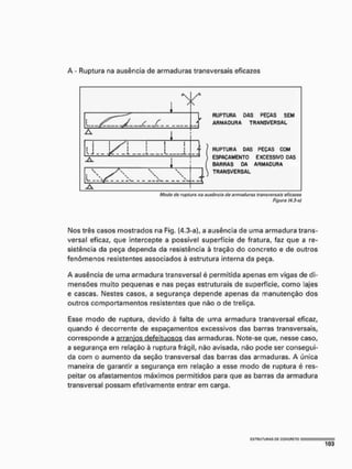 A - Ruptura na ausência de armaduras transversais eficazes
j
J
rnnzLii
L
RUPTURA DAS PEÇAS SEM
ARMADURA TRANSVERSAL
RUPTURA DAS PEÇAS COM
ESPAÇAMENTO EXCESSIVO DAS
BARRAS OA ARMADURA
TRANSVERSAL
Modo do ruptura do ausência do armaduras transversais eficazes
Figura (4,3-8)
Nos três casos mostrados na Fig. (4.3-a), a ausência de uma armadura trans-
versal eficaz, que intercepte a possível superfície de fratura, faz que a re-
sistência da peça dependa da resistência à tração do concreto e de outros
fenômenos resistentes associados à estrutura interna da peça,
A ausência de uma armadura transversal é permitida apenas em vigas de di-
mensões muito pequenas e nas peças estruturais de superfície, como lajes
e cascas. Nestes casos, a segurança depende apenas da manutenção dos
outros comportamentos resistentes que não o de treliça.
Esse modo de ruptura, devido à falta de uma armadura transversal eficaz,
quando é decorrente de espaçamentos excessivos das barras transversais,
corresponde a arranjos defeituosos das armaduras. Note-se que, nesse caso,
a segurança em relação à ruptura frágil, não avisada, não pode ser consegui-
da com o aumento da seção transversal das barras das armaduras. A única
maneira de garantir a segurança em relação a esse modo de ruptura é res-
peitar os afastamentos máximos permitidos para que as barras da armadura
transversal possam efetivamente entrar em carga.
mmm
103
 