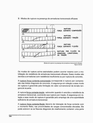 B - Modos de ruptura na presença de armaduras transversais eficazes
J " T T 7
i | I i i ; - i ; I; L RUPTURA
È W l ! : ! 1 ! ! ! : A FORÇA CORTANTE-COMPRESSÃO
g c l - i _ L - - i - - i — J — i — L - |
— i- -L 1 ^
RUPTURA
FORÇA CORTANTE " TRAÇAO
RUPTURA
FORÇA CORTANTE - FLEXÃO
RUPTURA POR FLEXÃO DA
ARMADURA LONGITUDINAL
DE TRAÇÃO
Modos do ruptura no prosonça do armaduras transversais eficazes
Figuro (4,3-b)
Os modos de ruptura acima assinalados podem ocorrer mesmo com a mo-
bilização da resistência de armaduras transversais eficazes. Esses modos são
devidos a armaduras com resistência insuficiente ou por ruptura do concreto.
A ruptura força cortante-comoressão corresponde à ruptura por compres-
são das bielas diagonais de concreto. A segurança em relação a esse modo
de ruptura é garantida pela limitação do valor convencional da tensão tan*
gencial atuante.
A ruptura forca cortante-tração sobrevém quando é vencida a resistência da
armadura transversal, ocorrendo sua ruptura por tração. A segurança em re-
lação a esse modo de ruptura é garantida pelo emprego de uma quantidade
suficiente de armadura transversal.
A ruptura força cortante-flexão decorre da interação da força cortante com
o momento fletor, nas proximidades de cargas concentradas elevadas. Ele
pode sobrevír se as fissuras diagonais de cisalhamento cortarem uma parte
 