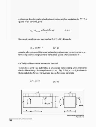 a diferença de esforços longitudinais entre duas seções afastadas de Ar = 2 é
igual á força cortante, pois
-V (5.1-2)
De maneira análoga, das expressões (5.1-1) e (5.1-2} resulta
R„Ai cos 45 = V [5.1-3}
ou seja, a força transmitida pelas bielas diagonais em um comprimento Ax = z
tem componentes longitudinal e transversal iguais à força cortante V .
5.2 Treliça clássica c o m armadura vertical
Tomando-se uma viga submetida a uma carga transversal p uniformemente
distribuída ao longo do comprimento Lx-z, Fig. (5.2-a), a condição de equi-
líbrio global das forças transversais è peça fornece a condição
AC-t- pz = 0
(5.2-1)
X
L
Equilíbrio transversal global
Figura (5.2-s)
 