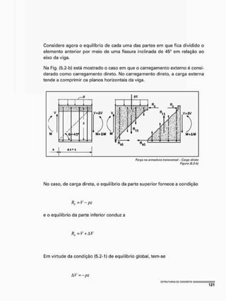 Considere agora o equilíbrio de cada uma das partes em que fica dividido o
elemento anterior por meio de uma fissura inclinada de 45° em relação ao
eixo da viga,
Na Fig. (5.2-b) está mostrado o caso em que o carregamento externo é consi-
derado como carregamento direto. No carregamento direto, a carga externa
tende a comprimir os planos horizontais da viga.
força no armadura transversa! - Carga direta
Figuro (5.2-b)
No caso, de carga direta, o equilíbrio da parte superior fornece a condição
R„ mV-pz
e o equilíbrio da parte inferior conduz a
R„ =V + AV
Em virtude da condição (5.2-1) de equilíbrio global, tem-se
A V - - ps
 