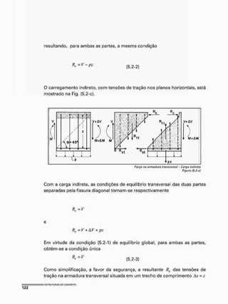 resultando, para ambas as partes, a mesma condição
(5.2-2)
O carregamento indireto, com tensões de tração nos planos horizontais, está
mostrado na Fig. (5,2-c).
Força na armadura transversal - Carga indireta
figure (5.2-c)
Com a carga indireta, as condições de equilíbrio transversal das duas partes
separadas pela fissura diagonal tornam-se respectivamente
R„=V
Rtl = V + AF + pz
Em virtude da condição (5.2-1) de equilíbrio global, para ambas as partes,
obtém-se a condição única
R » = V (5.2-3)
Como simplificação, a favor da segurança, a resultante R„ das tensões de
tração na armadura transversal situada em um trecho de comprimento = ^
 