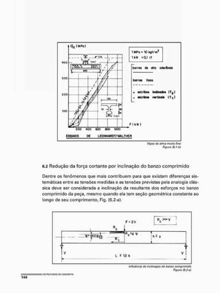 Vigas <íc olmo muito fina
Figura (6,1-b)
6.2 Redução da força cortante por inclinação do banzo comprimido
Dentre os fenômenos que mais contribuem para que existam diferenças sis»
temáticas entre as tensões medidas e as tensões previstas pela analogia clás-
sica deve ser considerada a inclinação da resultante dos esforços no banzo
comprimido da peça, mesmo quando ela tem seção geométrica constante ao
longo de seu comprimento, Fig. (6.2-a),
F » 2 V
R c » v
Rc ,
— — r
[ —
i
h • z
L • 12 h
influência da incfinaçío do banzo comprimido
Figura (6.2-a)
 