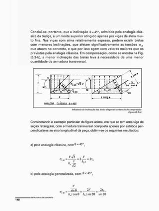 Conclui-se, portanto, que a inclinação 0 = 45°, admitida pela analogia clás-
sica da treliça, é um limite superior atingido apenas por vigas de alma mui-
to fina, Mas vigas com alma relativamente espessa, podem existir bielas
com menores inclinações, que afetam significativamente as tensões <j[0
que atuam no concreto, e que por isso agem com valores maiores que os
previstos pela analogia clássica. Em compensação, como se mostra na Fig.
(6.3-b), a menor inclinação das bielas leva à necessidade de uma menor
quantidade de armadura transversal.
Influência chi inciinaqiio dos bic/os diagonais no tonsão tfc compressão
Figura (6.3-b)
Considerando o exemplo particular da figura acima, em que se tem uma viga de
seção retangular, com armadura transversal composta apenas por estribos per-
pendiculares ao eixo longitudinal da peça, obtêm-se os seguintes resultados:
a} pela analogia clássica, com 4 5 0 ,
<yc4f — = 2 - — = 2x0
b, Z b - z
Vs/l „ V
b} pela analogia generalizada, com 0 <
v
a = sinQ = W _ 2*.,
b„.z cos0 b,jz si ri 20 sin 20
 