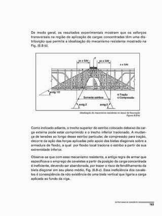 De modo geral, os resultados experimentais mostram que os esforços
transversais na região de aplicação de cargas concentradas têm uma dis-
tribuição que permite a idealização do mecanismo resistente mostrado na
Fig. (6,8-b).
idoaiaaçio do mecanismo rosistonto no ioquo do fissuração
Figura ($ B b)
Como indicado adiante, o trecho superior do estribo colocado debaixo da car-
ga externa pode estar comprimido e o trecho inferior tracionado. A mudan-
ça de tensões ao longo desse estribo particular, de compressão para tração,
decorre da ação das forças aplicadas pelo apoio das bielas diagonais sobre a
armadura de flexão, a qual por flexão local traciona o estribo a partir de sua
extremidade inferior.
Observe-se que com esse mecanismo resistente, a antiga regra de armar que
especificava o emprego de cavaletes a partir da posição da carga concentrada
é ineficiente, devendo ser abandonada, por trazer o risco de fendilhamento da
biela diagonal em seu plano médio, Fig. (6,8-c), Essa ineficiência dos cavale-
tes é conseqüência da não existência de uma biela vertical que ligaria a carga
aplicada ao fundo da viga.
mm
163
 
