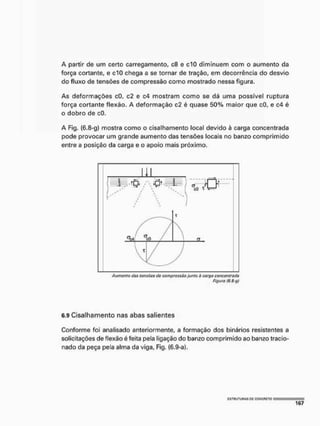 A partir de um certo carregamento, c8 e c10 diminuem com o aumento da
força cortante, e c10 chega a se tornar de tração, em decorrência do desvio
do fluxo de tensões de compressão como mostrado nessa figura.
As deformações cQr c2 e c4 mostram como se dá uma possível ruptura
força cortante flexão. A deformação c2 é quase 50% maior que cG, e c4 é
o dobro de cO.
A Fig, (6.8-g) mostra como o cisalhamento local devido à carga concentrada
pode provocar um grande aumento das tensões locais no banzo comprimido
entre a posição da carga e o apoio mais próximo.
Figura (6,8 gj
6.9 Cisalhamento nas abas salientes
Conforme foi analisado anteriormente, a formação dos binários resistentes a
solicitações de flexão é feita pela ligação do banzo comprimido ao banzo tracio-
nado da peça pela alma da viga, Fig. (6.9-a).
 