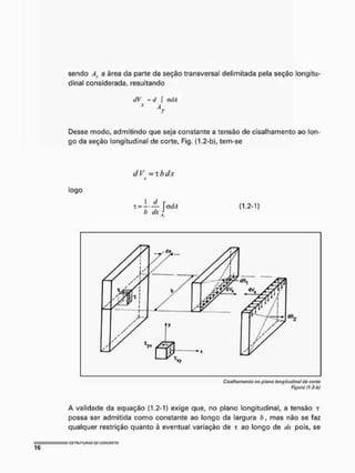 sendo Ar a área da parte da seção transversal delimitada pela seção longitu-
dinal considerada, resultando
(IV =cí f <TíIA
* 
Desse modo, admitindo que seja constante a tensão de cisalhamento ao lon-
go da seção longitudinal de corte, Fig, (1.2-b), tem-se
dV =xbcíx
X
logo
I d
i =
b dx
- jatíA (12-1)
Cisalhamento no piitno longitudinal de corte
Figura (12-b)
A validade da equação (1,2-1) exige que, no plano longitudinal, a tensão x
possa ser admitida como constante ao longo da largura b, mas não se faz
qualquer restrição quanto à eventual variação de x ao longo de dx pois, se
 