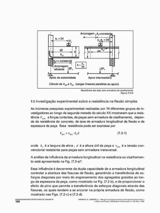 Ancoragem »A,=constanta
a,< 2d a, < 2d
'-4
d2
-*-! d
í í
2d
= constante
Ancoragem
! eficiente ÜFd
B -
' ad
í
IPF,
Apoio de extremidade Apoio intermediário
Cálculo de Vlda e {cargas lineares paralelas ao apoio}
fíasistôncia das lajes sem armadura do cisalhamento
Figura (7.2-f)
7,3 Investigação experimental sobre a resistência na flexão simples
As inúmeras pesquisas experimentais realizadas por 19 diferentes grupos de in-
vestigadores ao longo da segunda metade do século XX mostraram que a resis-
tência VHin a forças cortantes, de peças sem armadura de cisalhamento, depen-
de da resistência do concreto, da taxa de armadura longitudinal de flexão e da
espessura da peça, Essa resistência pode ser expressa por
(7,3-1)
onde bw é a largura da alma , <J é a altura útil da peça e Tif<n é a tensão con-
vencional resistente para peças sem armadura transversal,
A análise da influência da armadura longitudinal na resistência ao cisalhamen-
to está apresentada na Fig. {7.3-a)*,
Essa influência é decorrente da dupla capacidade de a armadura longitudinal
controlar a abertura das fissuras de flexão, garantindo a transferência de es-
forços diagonais por meio do engrenamento dos agregados graúdos ao lon-
go da espessura da peça, como mostrado na Fíg. (7.2-b), e de proporcionar o
efeito de pino que permite a transferência de esforços diagonais através das
fissuras, os quais tendem a se ancorar na própria armadura de flexão, como
mostrado nas Figs. (7.2-c) e (7.2-d),
*HÊOMAN, o; í OSlifttG, A "Qfítrg/t vf cúnçritfv strKUtrvs wth rvyard totiitiM ftrcvs -
i
n S
h
&
i
i
r m
i
t
l l
a
í
i
n
D
n
. CEB Burtat/n tTIoftimatmn n" )2& P
i
t
u
n I9JS.
 