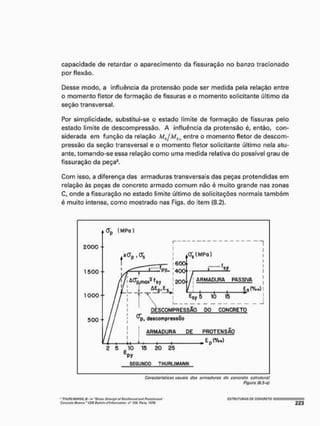 capacidade de retardar o aparecimento da fissuração no banzo tracionado
por flexão.
Desse modo, a influência da protensão pode ser medida pela relação entre
o momento fletor de formação de fissuras e o momento solicitante último da
seção transversal.
Por simplicidade, substitui-se o estado limite de formação de fissuras pelo
estado limite de descompressão. A influência da protensão é, então, con-
siderada em função da relação M0/MSli entre o momento fletor de descom-
pressão da seção transversal e o momento fletor solicitante último nela atu-
ante, tomando-se essa relação como uma medida relativa do possível grau de
fissuração da peça8
.
Com isso, a diferença das armaduras transversais das peças protendidas em
relação às peças de concreto armado comum não é muito grande nas zonas
C, onde a fissuração no estado limite último de solicitações normais também
é muito intensa, como mostrado nas Figs. do item (8.2).
<
J
p ( M P A )
2000
r 1
1000
1500
500
-í | M H (-
2 5 1
0 1
5 20 25
6
PV
SEGUNDO T H Ü R L I M A M M
Características usuais fias armaduras do concreto estrutura!
figura (8.5-a)
• T>IWtlMAfilM O. r/r "Shiriir Slrimn/r oI HtUnfárevtl ímf PrtfWitMti
Corttwtv U m ' Cffl Bulal/n litnfarrmHhm ri" I1& F
a
r
i
m IS7&
Í 3 T R U T U R A S PC CONCRETO
 