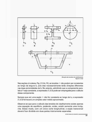 Figura (1,3 b)
Mas seções circulares, Fig. (1,3-b; IV), as tensões x náo podem ser constantes
ao longo da largura b, pois elas necessariamente terão direções diferentes
nas duas extremidades de b, No entanto, admitindo que a componente para-
lela a Y seja constante, a expressão (1.2-3} pode ser empregada para o cálculo
dessa componente.
Sempre que em uma seção x não for constante ao longo de b, a expressão
(1.2-3} fornecerá um simples valor médio aproximado.
Observe-se que para o cálculo das tensões de cisalhamento existe apenas
uma equação de equilíbrio, podendo, então, existir somente uma incóg-
nita, Desse modo, com um único corte longitudinal, a seção transversal
deverá ficar dividida em duas partes inteiramente separadas.
 