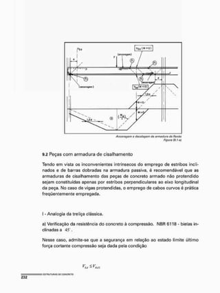 Figura (9.1-a)
9.2 Peças com armadura de cisalhamento
Tendo em vista os inconvenientes Intrínsecos do emprego de estribos incli-
nados e de barras dobradas na armadura passiva, é recomendável que as
armaduras de cisalhamento das peças de concreto armado não protendido
sejam constituídas apenas por estribos perpendiculares ao eixo longitudinal
da peça. No caso de vigas protendidas, o emprego de cabos curvos é prática
freqüentemente empregada.
I - Analogia da treliça clássica,
a) Verificação da resistência do concreto à compressão, M
B
R 6118 • bielas in-
clinadas a 45".
Nesse caso, admite-se que a segurança em relação ao estado limite último
força cortante compressão seja dada pela condição
 