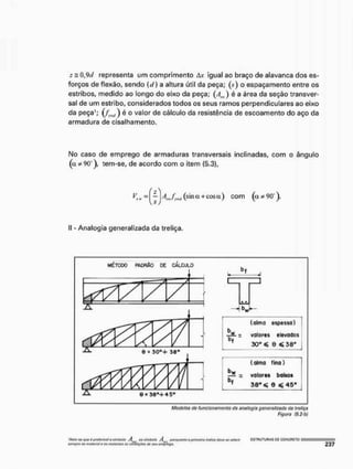 £ = Ü,9f/ representa um comprimento A
,
v Igual ao braço de alavanca dos es-
forços de flexão, sendo {d) a altura útil da peça; (A) O espaçamento entre os
estribos, medido ao longo do eixo da peça; (Aw ) é a área da seção transver-
sal de um estribo, considerados todos os seus ramos perpendiculares ao eixo
da peça1; ( / w ) é o valor de cálculo da resistência de escoamento do aço da
armadura de cisalhamento.
No caso de emprego de armaduras transversais inclinadas, com o ângulo
(a * 90 ), tem-se, de acordo com o item (5.3),
s /
Am.ffw (sin a+cos a ) com (a * 90°).
II • Analogia generalizada da treliça.
MÉTODO RÜORÍIO DE CALCULO
u
b f
-J
•
* •
1
•—
( a l m a e s p e s s a )
v a l o r e s e l e v a d o s
30°í e «36°
(olmo fino)
~ = valor «a baixos
Modelos do funcionamento do analogia generalizada da treliça
Figura 19.2-b)
'thtonaqutéprttorfvnt osímbolo A •>" tímtwtn A{ potíitimit o primeiro frxfíeo devo tu referir CSTUIJTUHAS DC CQNCRCTQ
spmprc (to rnntoriet o os restante? As cO* K/rçòpj de seu pnwrvt/o.
 