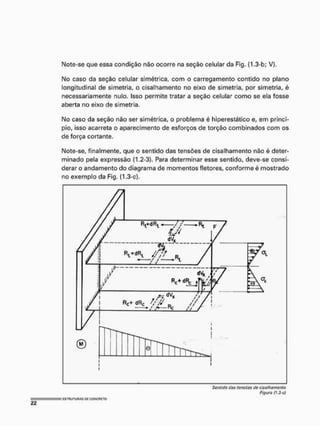 Note-se que essa condição não ocorre na seção celular da Fig. {1.3-b; V),
No caso da seção celular simétrica, com o carregamento contido no plano
longitudinal de simetria, o cisalhamento no eixo de simetria, por simetria, é
necessariamente nulo. Isso permite tratar a seção celular como se ela fosse
aberta no eixo de simetria.
No caso da seção não ser simétrica, o problema é hiperestátíco e, em princí-
pio, isso acarreta o aparecimento de esforços de torção combinados com os
de força cortante.
Note-se, finalmente, que o sentido das tensões de cisalhamento não é deter-
minado pela expressão (1.2-3). Para determinar esse sentido, deve-se consi-
derar o andamento do diagrama de momentos fletores, conforme é mostrado
no exemplo da Fig. (1.3-c).
Sontkfo tios tonsíos tio çi&alhamanto
figuro (?,3-c)
 