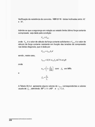 Verificação da resistência do concreto. NBR 6118 - bielas inclinadas entre 45
e 30°. *
Admite-se que a segurança em relação ao estado limite último força cortante
compressão seja dada pela condição
V <, V
Y $<i -1 v Kit:
onde VStt é o valor de cálculo da força cortante solicitante e VNil2 é o valor de
cálculo da força cortante resistente em função das tensões de compressão
nas bielas diagonais, que é dada por
sendo, neste caso,
onde
Ai = 0 *
5 4
'
a
vl ftd
S Í
"
2 0
'
C O t
a , j =
f f 
1—"M com f. em MPa
250 )
f
J " V,
A Tabela (9.2-c) apresenta alguns valores de T ^ correspondentes a valores
usuais de , admitindo 30° £ 0 <45° e ^ = 1,4,
 