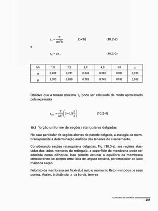 atrh
(b<h) (10.2-2)
(10.2-3)
h/b 1,0 1,5 2,0 4,0 8,0 00
a 0,208 0.231 0,246 0,282 0,307 0,333
1,000 0,859 0,795 0,745 0,742 0,742
Observe que a tensão máxima tA pode ser calculada de modo aproximado
pela expressão
10.3 Torção uniforme de seções retangulares delgadas
No caso particular de seções abertas de parede delgada, a analogia da mem-
brana permite a determinação analítica das tensões de cisalhamento.
Considerando seções retangulares delgadas, Fig. (10.3-a), nas regiões afas-
tadas dos lados menores do retângulo, a superfície da membrana pode ser
admitida como cilíndrica. Isso permite estudar o equilíbrio da membrana
considerando-se apenas uma faixa de largura unitária, perpendicular ao lado
maior da seção.
Pelo fato da membrana ser flexível, é nulo o momento fletor em todos os seus
pontos. Assim, à distância z da borda, tem-se
 