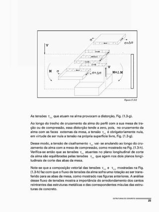 As tensões xx, que atuam na alma provocam a distorção, Fig. (1.3-g).
Ao longo do trecho de cruzamento da alma do perfil com a sua mesa de tra-
ção ou de compressão, essa distorção tende a zero, pois, no cruzamento da
alma com as faces externas da mesa, a tensão ti : é obrigatoriamente nular
em virtude de ser nula a tensão na própria superfície livre, Fig. (1.3-g),
Desse modo, a tensão de cisalhamento x„: vai- se anulando ao longo do cru-
zamento da alma com a mesa de compressão, como mostrado na Fig. (1.3-h).
Verifica-se então que as tensões t;í atuantes no plano longitudinal de corte
da alma são equilibradas pelas tensões t,, que agem nos dois planos longi-
tudinais de corte das abas da mesa.
Note-se que a composição vetorial das tensões zx. e tvv mostradas na Fig.
(1,3-h) faz com que o fluxo de tensões da alma sofra uma rotação ao ser trans-
ferido para as abas da mesa, como mostrado nas figuras anteriores. A análise
desse fluxo de tensões mostra a importância do arredondamento dos cantos
reintrantes das estruturas metálicas e das correspondentes mísulas das estru-
turas de concreto,
Md
25
 
