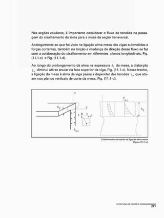 Nas seções celulares, é importante considerar o fluxo de tensões na passa-
gem do cisalhamento da alma para a mesa da seção transversal,
Analogamente ao que foi visto na ligação alma-mesa das vigas submetidas a
forças cortantes, também na torção a mudança de direção desse fluxo se faz
com a colaboração do cisalhamento em diferentes planos longitudinais, Fig,
(11.1-c) e Fig. (11.1 -d).
Ao longo do prolongamento da alma na espessura hf da mesa, a distorção
yt. diminui até se anular na face superior da viga, Fig. (11.1-c). Nesse trecho,
a ligação da mesa à alma da viga passa a depender das tensões xrs que atu-
am nos planos verticais de corte da mesa, Fig. (11.1-d),
V
xz
_v _
Cisalhamento no trecho do l/gaçâo alma-mesa
Figure ft í, 1'C)
 