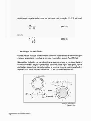 A rigidez da peça também pode ser expressa pela equação 01-2-1}, da qual
sendo
íIQ _ T
dx ~ Cl,
4A2
h
( 1 1 . 2 - 3 )
( 1 1 . 2 - 4 )
11,3 Analogia da membrana
Os resultados obtidos anteriormente também poderiam ter sido obtidos por
meio da analogia da membrana, como é mostrado a seguir, Fig. (11.3-a).
Nas seções fechadas de parede delgada, admite-se que o contorno interno
correspondente à seção seja fechado por uma placa rígida sem peso, que é
obrigada a se deslocar paralelamente a si mesma, e que a membrana flexível
fique situada entre o contorno interno CD e o contorno externo AB.
Analogia da membrana
Figuro ( 7 7 . 3 - 0 /
 