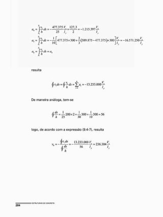 477.375 KJ x 1273 ^ ü
25 L
as = ^Lds = ~ 477.375* 300 + ^(589.875-477.375 )x 300
resulta
<£ x,ds c
j
> ^ ds = ^ a, = -:1!3.233.000 -
De maneira análoga, tem-se
<£>— = - L 200 x 2+—300 + — 300 = 56
* h 25 30 10
logo, de acordo com a expressão {9.4-7}, resulta
<£t ,ds 13 233 000 V V
Vn = = - ^ = 236.304
^ * 56 / , /,
 