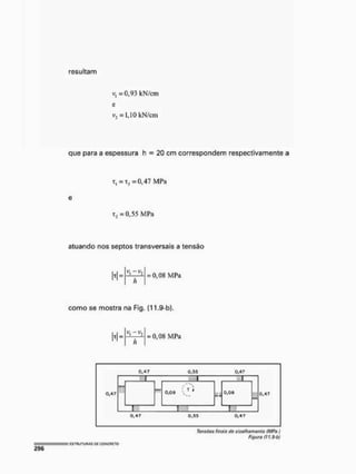 resultam
v, =0,93 kN/cm
c
v, = 1,10 kN/cm
que para a espessura h - 20 cm correspondem respectivamente a
x = x, =0,47 MPa
T, = 0,55 MPa
atuando nos septos transversais a tensão
t - = 0,ÜH MPa
como se mostra na Fíg. {11.9-b}.
T - = 0,0K MPa
0,47 0.47
1 ~1 -1
0,47 ílll •f!í
' i
1 T i
O
,
O
S  r
II., o.oa
U
l
l
0.47
0,17 0,33 0
,
-
4 7
Tensões finais <lc cisalhamento (MPa)
Figuro (11.9-bj
 