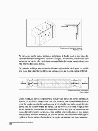 Funcionamento deis barras do conto
Figura (12.3-d)
As barras de canto estão, portanto, solicitadas à flexão local e, por isso, de-
vem ter diâmetro compatível com essa função. No entanto, observe-se que
as barras de canto não participam do equilíbrio de forças longitudinais dos
nós intermediários da treliça.
De maneira análoga, nenhuma das barras longitudinais participam do equilí-
brio local dos nós intermediários da treliça, como se mostra na Fig, (12.3-e),
Equilíbrio das borras longitudinais
Figura (123-0)
Desse modo, as barras longitudinais, inclusive as barras de canto, participam
apenas do equilíbrio longitudinal dos nós situados nas extremidades dos tre-
chos de torção constante, onde ocorre a introdução dos esforços de torção,
como são as extremidades da treliça. Os esforços nas barras longitudinais
serão, portanto, constantes ao longo dos trechos em que os momentos de
torção também forem constantes. Nas seções intermediárias em que sejam
introduzidos esforços externos de torção, devem ser colocados diafragmas
rígidos, a fim de evitar a flexão local da seção transversal das vigas vazadas.
 