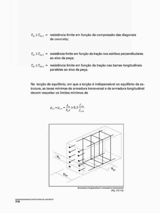 T&j < TR(t i = resistência limite em função da compressão das diagonais
de concreto;
TAi < TRíti - resistência limite em função da tração nos estribos perpendiculares
ao eixo da peça;
T&l < Tj!(IA - resistência limite em função da tração nas barras longitudinais
paralelas ao eixo da peça.
Na torção de equilíbrio, em que a torção é indispensável ao equilíbrio da es-
trutura, as taxas mínimas de armadura transversal e de armadura longitudinal
devem respeitar os limites mínimos de
Armadura longitudinal s amadura transversa!
(Fig, (13.1-1})
 