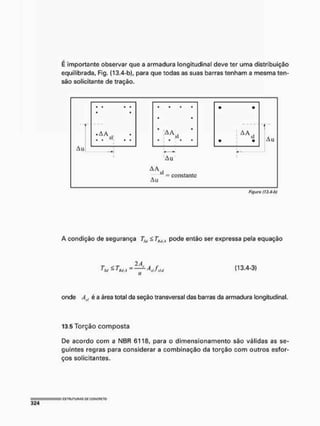 É importante observar que a armadura longitudinal deve ter uma distribuição
equilibrada, Fig, (13.4-b), para que todas as suas barras tenham a mesma ten-
são solicitante de tração.
Figura (13.4-b)
A condição de segurança TSd £ THitA pode então ser expressa pela equação
r < r - A /
1
Sii 1
RdA ^ n
s i J sú
(13.4-3)
onde Axl é a área total da seção transversal das barras da armadura longitudinal.
13.5 Torção composta
De acordo com a NBR 6118, para o dimensionamento são válidas as se-
guintes regras para considerar a combinação da torção com outros esfor-
ços solicltantes.
 