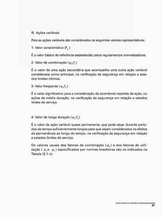 II) Ações variáveis
Para as ações variáveis são considerados os seguintes valores representativos:
1- Valor característico {Ffc}
É o valor básico de referência estabelecido pelos regulamentos normalizadores.
2- Valor de combinação }
É o valor de uma ação secundária que acompanha uma outra ação variável
considerada como principal, na verificação da segurança em relação a esta-
dos limites últimos.
3- Valor freqüente (y,/^ )
E o valor significativo para a consideração da ocorrência repetida da ação, ou
ações de média duração, na verificação da segurança em relação a estados
I irrites de serviço.
4- Valor de longa duração ( y ^ )
É o valor da ação variável quase permanente, que pode atuar durante perío-
dos de tempo suficientemente longos para que sejam considerados os efeitos
da permanência ao longo do tempo, na verificação da segurança em relação
a estados limites de serviço.
Os valores usuais dos fatores de combinação (4^) e dos fatores de utili-
zação ( >}'!© V;) especificados por normas brasileiras são os indicados na
Tabela (3.1-c)."
•na
67
 