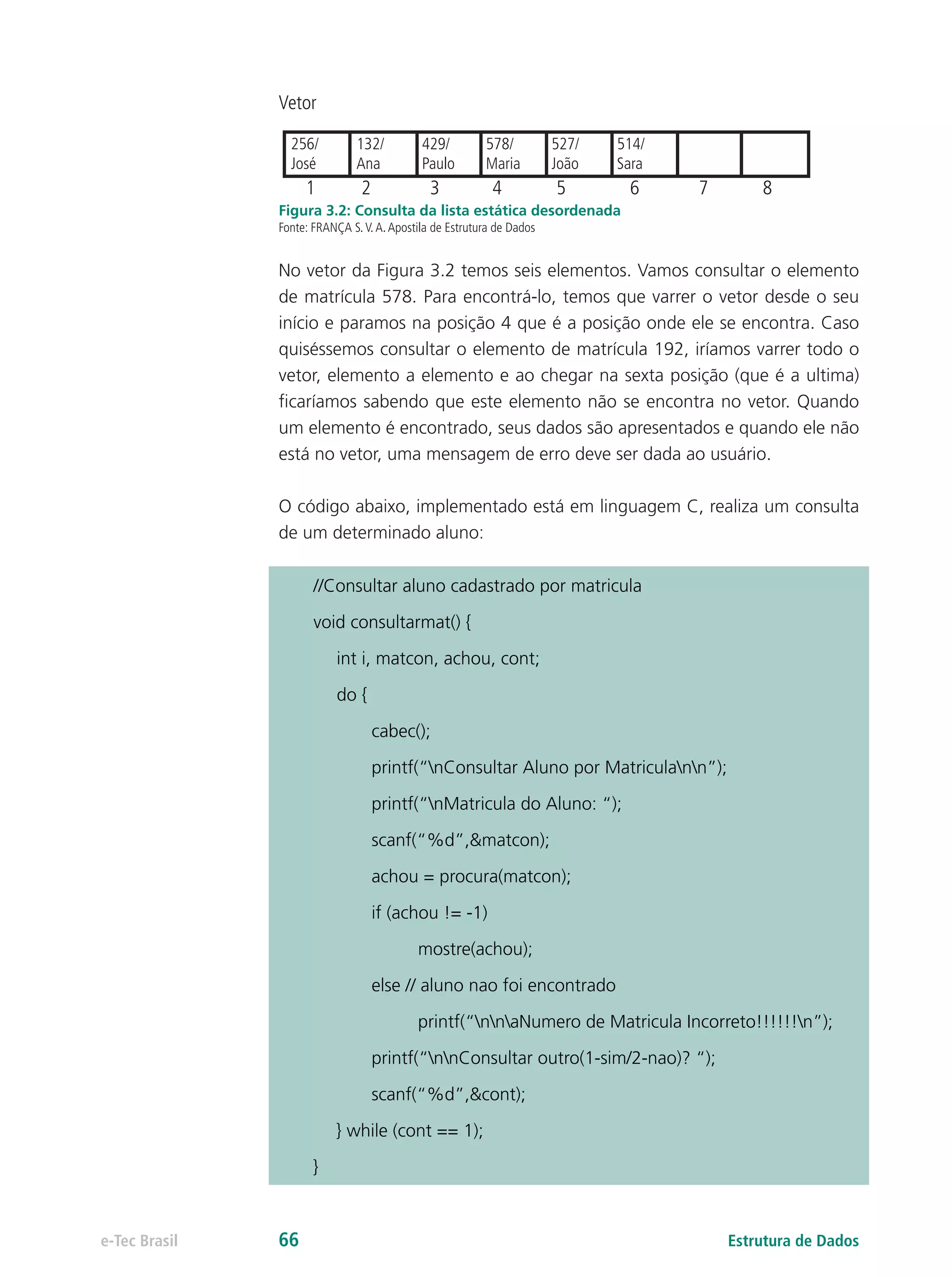 Vetor
1 2 3 4 5 6 7 8
256/
José
132/
Ana
429/
Paulo
578/
Maria
527/
João
514/
Sara
Figura 3.2: Consulta da lista estática desordenada
Fonte: FRANÇA S.V.A.Apostila de Estrutura de Dados
No vetor da Figura 3.2 temos seis elementos. Vamos consultar o elemento
de matrícula 578. Para encontrá-lo, temos que varrer o vetor desde o seu
início e paramos na posição 4 que é a posição onde ele se encontra. Caso
quiséssemos consultar o elemento de matrícula 192, iríamos varrer todo o
vetor, elemento a elemento e ao chegar na sexta posição (que é a ultima)
ficaríamos sabendo que este elemento não se encontra no vetor. Quando
um elemento é encontrado, seus dados são apresentados e quando ele não
está no vetor, uma mensagem de erro deve ser dada ao usuário.
O código abaixo, implementado está em linguagem C, realiza um consulta
de um determinado aluno:
//Consultar aluno cadastrado por matricula
void consultarmat() {
int i, matcon, achou, cont;
do {
cabec();
printf(“nConsultar Aluno por Matriculann”);
printf(“nMatricula do Aluno: “);
scanf(“%d”,&matcon);
achou = procura(matcon);
if (achou != -1)
mostre(achou);
else // aluno nao foi encontrado
printf(“nnaNumero de Matricula Incorreto!!!!!!n”);
printf(“nnConsultar outro(1-sim/2-nao)? “);
scanf(“%d”,&cont);
} while (cont == 1);
}
Estrutura de Dadose-Tec Brasil 66
 