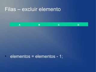 Filas – excluir elemento

      A         B        C     D




• elementos = elementos - 1;
 