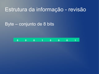 Estrutura da informação - revisão

Byte – conjunto de 8 bits


      0   0   0   1   0     0   0   1
 