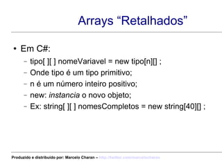 Arrays “Retalhados” <ul><li>Em C#: </li></ul><ul><ul><li>tipo[ ][ ] nomeVariavel = new tipo[n][] ; </li></ul></ul><ul><ul>...