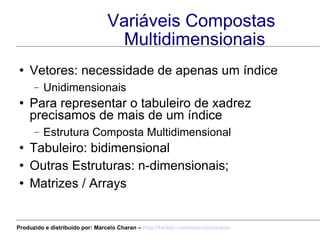 Variáveis Compostas Multidimensionais <ul><li>Vetores: necessidade de apenas um índice </li></ul><ul><ul><li>Unidimensiona...