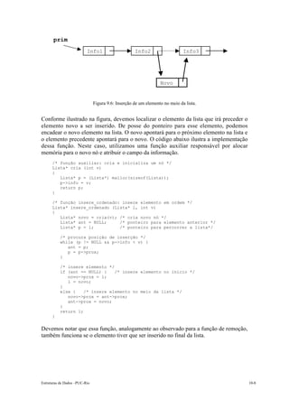 Info1 Info2 Info3 
Novo 
Figura 9.6: Inserção de um elemento no meio da lista. 
10.5. 
ULL 
prim 
Conforme ilustrado na figura, devemos localizar o elemento da lista que irá preceder o 
elemento novo a ser inserido. De posse do ponteiro para esse elemento, podemos 
encadear o novo elemento na lista. O novo apontará para o próximo elemento na lista e 
o elemento precedente apontará para o novo. O código abaixo ilustra a implementação 
dessa função. Neste caso, utilizamos uma função auxiliar responsável por alocar 
memória para o novo nó e atribuir o campo da informação. 
/* função auxiliar: cria e inicializa um nó */ 
Lista* cria (int v) 
{ 
Lista* p = (Lista*) malloc(sizeof(Lista)); 
p->info = v; 
return p; 
} 
/* função insere_ordenado: insere elemento em ordem */ 
Lista* insere_ordenado (Lista* l, int v) 
{ 
Lista* novo = cria(v); /* cria novo nó */ 
Lista* ant = NULL; /* ponteiro para elemento anterior */ 
Lista* p = l; /* ponteiro para percorrer a lista*/ 
/* procura posição de inserção */ 
while (p != NULL && p->info < v) { 
ant = p; 
p = p->prox; 
} 
/* insere elemento */ 
if (ant == NULL) { /* insere elemento no início */ 
novo->prox = l; 
l = novo; 
} 
else { /* insere elemento no meio da lista */ 
novo->prox = ant->prox; 
ant->prox = novo; 
} 
return l; 
} 
Devemos notar que essa função, analogamente ao observado para a função de remoção, 
também funciona se o elemento tiver que ser inserido no final da lista. 
Estruturas de Dados –PUC-Rio 10-8 
 