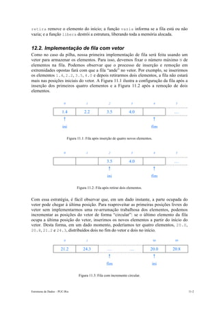 retira remove o elemento do início; a função vazia informa se a fila está ou não 
vazia; e a função libera destrói a estrutura, liberando toda a memória alocada. 
12.2. Implementação de fila com vetor 
Como no caso da pilha, nossa primeira implementação de fila será feita usando um 
vetor para armazenar os elementos. Para isso, devemos fixar o número máximo N de 
elementos na fila. Podemos observar que o processo de inserção e remoção em 
extremidades opostas fará com que a fila “ande” no vetor. Por exemplo, se inserirmos 
os elementos 1.4, 2.2, 3.5, 4.0 e depois retirarmos dois elementos, a fila não estará 
mais nas posições iniciais do vetor. A Figura 11.1 ilustra a configuração da fila após a 
inserção dos primeiros quatro elementos e a Figura 11.2 após a remoção de dois 
elementos. 
0 1 2 3 4 5 
1.4 2.2 3.5 4.0 … 
" " 
ini fim 
Figura 11.1: Fila após inserção de quatro novos elementos. 
0 1 2 3 4 5 
3.5 4.0 … 
" " 
ini fim 
Figura 11.2: Fila após retirar dois elementos. 
Com essa estratégia, é fácil observar que, em um dado instante, a parte ocupada do 
vetor pode chegar à última posição. Para reaproveitar as primeiras posições livres do 
vetor sem implementarmos uma re-arrumação trabalhosa dos elementos, podemos 
incrementar as posições do vetor de forma “circular”: se o último elemento da fila 
ocupa a última posição do vetor, inserimos os novos elementos a partir do início do 
vetor. Desta forma, em um dado momento, poderíamos ter quatro elementos, 20.0, 
20.8, 21.2 e 24.3, distribuídos dois no fim do vetor e dois no início. 
0 1 98 99 
21.2 24.3 … … 20.0 20.8 
" " 
fim ini 
Figura 11.3: Fila com incremento circular. 
Estruturas de Dados – PUC-Rio 11-2 
 