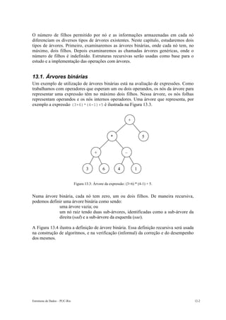 O número de filhos permitido por nó e as informações armazenadas em cada nó 
diferenciam os diversos tipos de árvores existentes. Neste capítulo, estudaremos dois 
tipos de árvores. Primeiro, examinaremos as árvores binárias, onde cada nó tem, no 
máximo, dois filhos. Depois examinaremos as chamadas árvores genéricas, onde o 
número de filhos é indefinido. Estruturas recursivas serão usadas como base para o 
estudo e a implementação das operações com árvores. 
13.1. Árvores binárias 
Um exemplo de utilização de árvores binárias está na avaliação de expressões. Como 
trabalhamos com operadores que esperam um ou dois operandos, os nós da árvore para 
representar uma expressão têm no máximo dois filhos. Nessa árvore, os nós folhas 
representam operandos e os nós internos operadores. Uma árvore que representa, por 
exemplo a expressão (3+6)*(4-1)+5 é ilustrada na Figura 13.3. 
* 
+ – 
+ 
3 6 4 1 
5 
Figura 13.3: Árvore da expressão: (3+6) * (4-1) + 5. 
Numa árvore binária, cada nó tem zero, um ou dois filhos. De maneira recursiva, 
podemos definir uma árvore binária como sendo: 
• uma árvore vazia; ou 
• um nó raiz tendo duas sub-árvores, identificadas como a sub-árvore da 
direita (sad) e a sub-árvore da esquerda (sae). 
A Figura 13.4 ilustra a definição de árvore binária. Essa definição recursiva será usada 
na construção de algoritmos, e na verificação (informal) da correção e do desempenho 
dos mesmos. 
Estruturas de Dados – PUC-Rio 12-2 
 