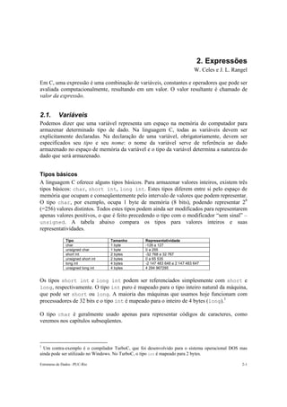 2. Expressões 
W. Celes e J. L. Rangel 
Em C, uma expressão é uma combinação de variáveis, constantes e operadores que pode ser 
avaliada computacionalmente, resultando em um valor. O valor resultante é chamado de 
valor da expressão. 
2.1. Variáveis 
Podemos dizer que uma variável representa um espaço na memória do computador para 
armazenar determinado tipo de dado. Na linguagem C, todas as variáveis devem ser 
explicitamente declaradas. Na declaração de uma variável, obrigatoriamente, devem ser 
especificados seu tipo e seu nome: o nome da variável serve de referência ao dado 
armazenado no espaço de memória da variável e o tipo da variável determina a natureza do 
dado que será armazenado. 
Tipos básicos 
A linguagem C oferece alguns tipos básicos. Para armazenar valores inteiros, existem três 
tipos básicos: char, short int, long int. Estes tipos diferem entre si pelo espaço de 
memória que ocupam e conseqüentemente pelo intervalo de valores que podem representar. 
O tipo char, por exemplo, ocupa 1 byte de memória (8 bits), podendo representar 28 
(=256) valores distintos. Todos estes tipos podem ainda ser modificados para representarem 
apenas valores positivos, o que é feito precedendo o tipo com o modificador “sem sinal” – 
unsigned. A tabela abaixo compara os tipos para valores inteiros e suas 
representatividades. 
Tipo Tamanho Representatividade 
char 1 byte -128 a 127 
unsigned char 1 byte 0 a 255 
short int 2 bytes -32 768 a 32 767 
unsigned short int 2 bytes 0 a 65 535 
long int 4 bytes -2 147 483 648 a 2 147 483 647 
unsigned long int 4 bytes 4 294 967295 
Os tipos short int e long int podem ser referenciados simplesmente com short e 
long, respectivamente. O tipo int puro é mapeado para o tipo inteiro natural da máquina, 
que pode ser short ou long. A maioria das máquinas que usamos hoje funcionam com 
processadores de 32 bits e o tipo int é mapeado para o inteiro de 4 bytes (long).1 
O tipo char é geralmente usado apenas para representar códigos de caracteres, como 
veremos nos capítulos subseqüentes. 
1 Um contra-exemplo é o compilador TurboC, que foi desenvolvido para o sistema operacional DOS mas 
ainda pode ser utilizado no Windows. No TurboC, o tipo int é mapeado para 2 bytes. 
Estruturas de Dados –PUC-Rio 2-1 
 